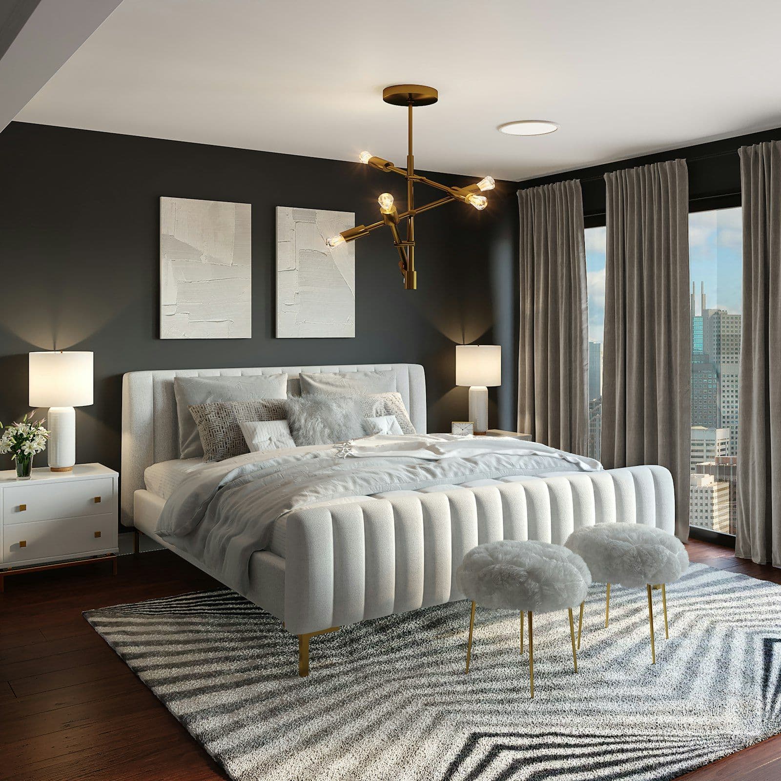 Neutral bedding in a softly lit bedroom — illustrative lifestyle photography
