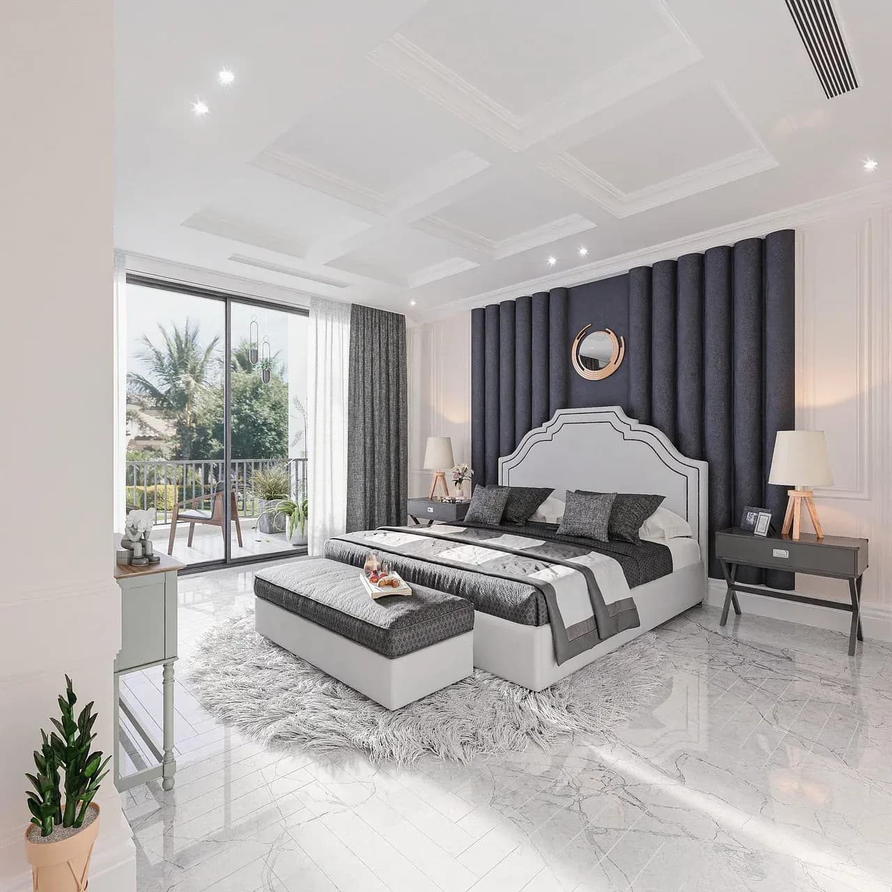 Bedroom with a padded headboard and large curtains