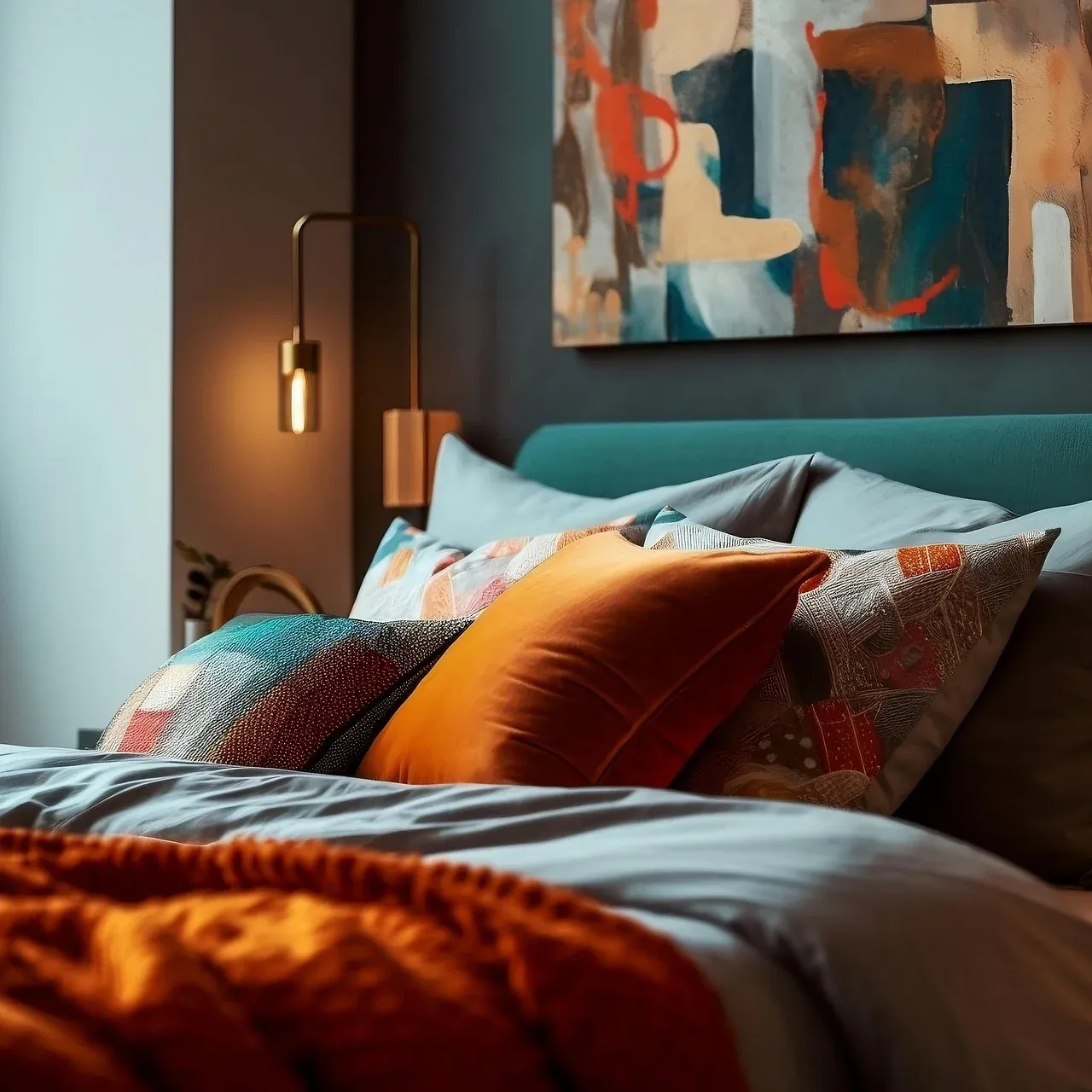 Layered colourful pillows against a padded headboard