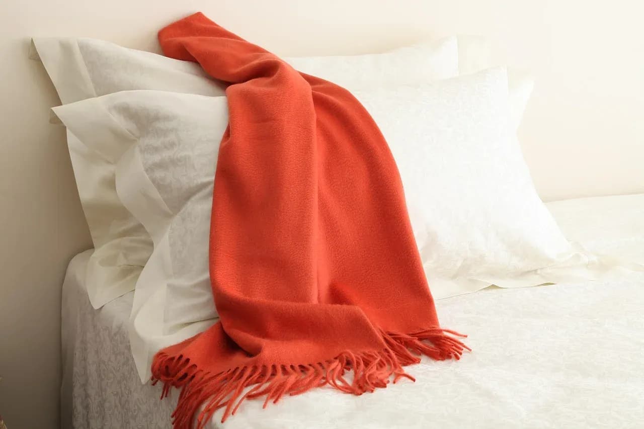 Cream pillows with a red throw folded over the bed