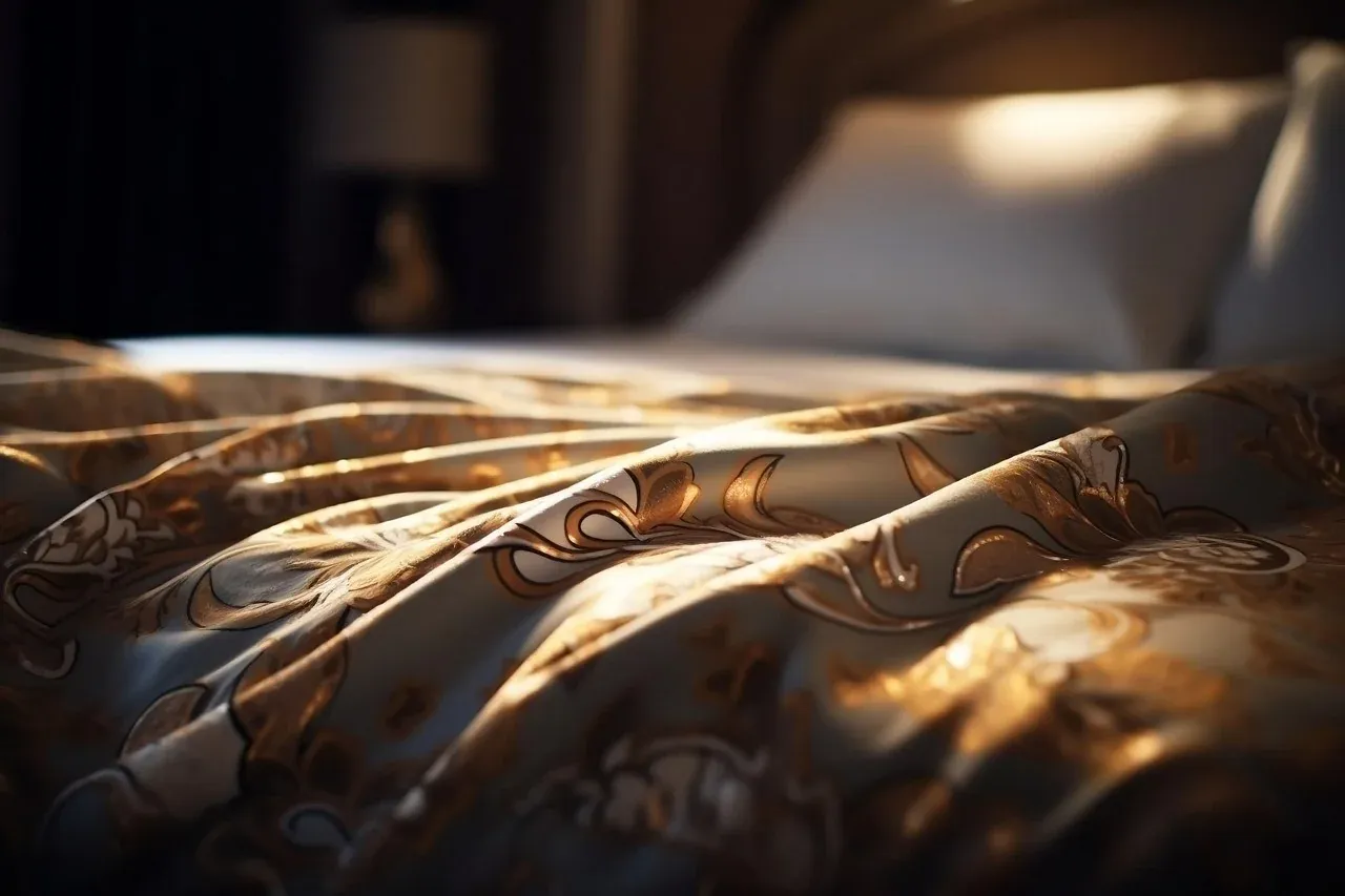 Sunlight falling across a patterned bed cover
