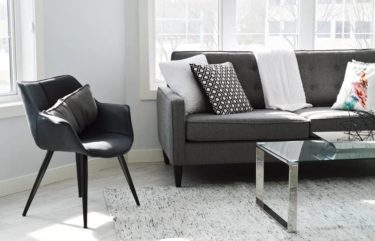 Bright living room with a sofa and cushions
