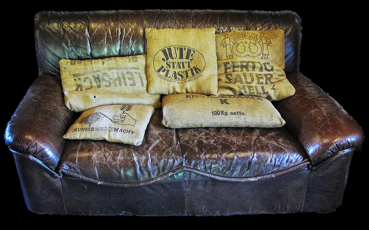 Leather sofa with patterned cushions