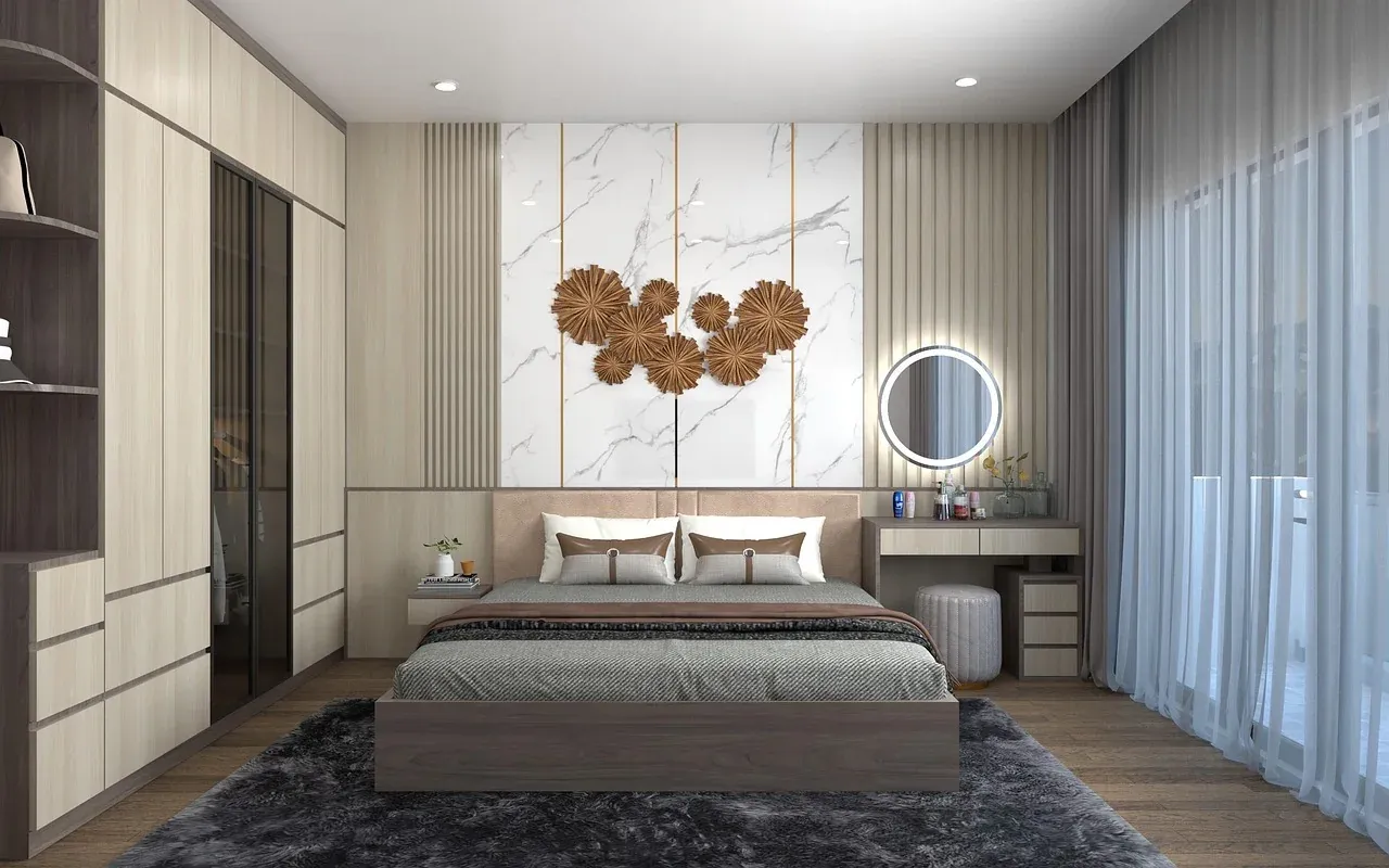 Neutral bedroom with curtains and a padded headboard