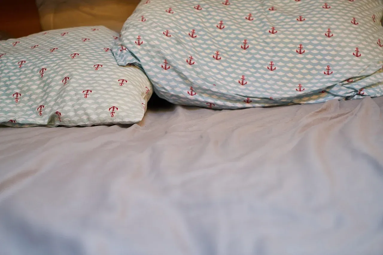 Patterned pillows on a pale bed sheet