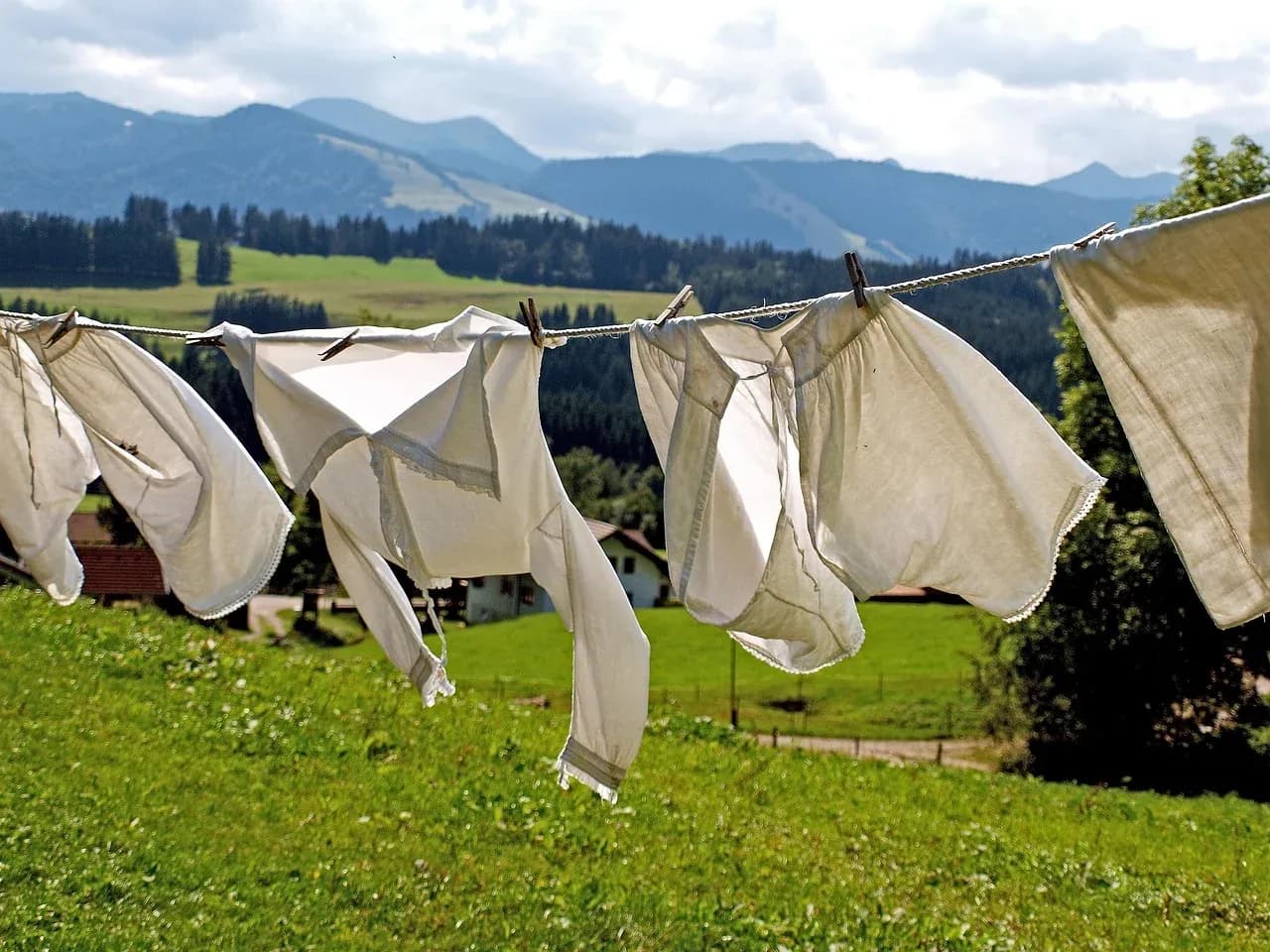 Light laundry hanging from an outdoor washing line