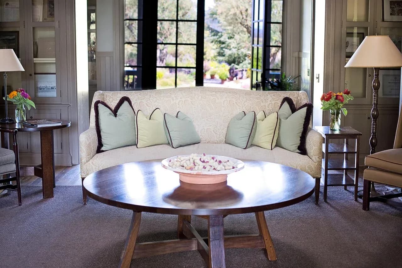 Window-seat cushions in a bright living room