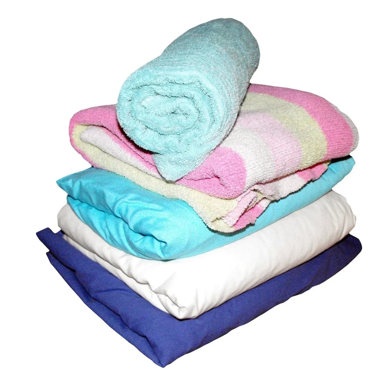 Neatly folded towels and bedding in pastel colours
