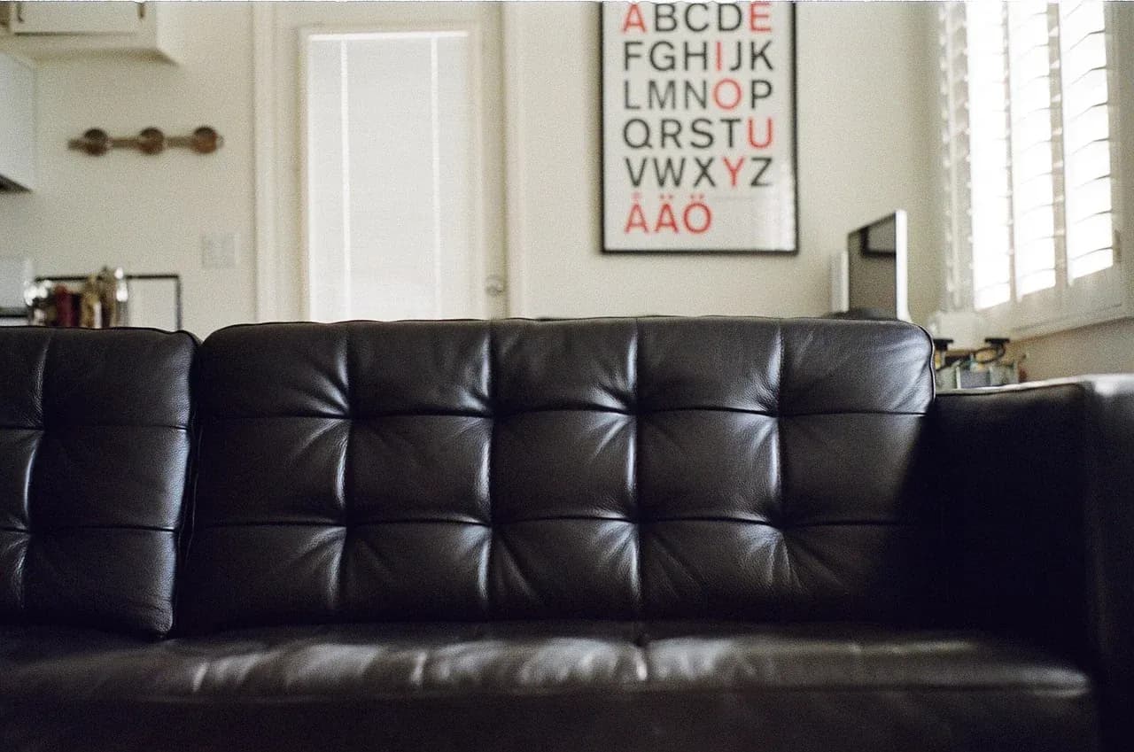 Black leather sofa beneath framed wall art
